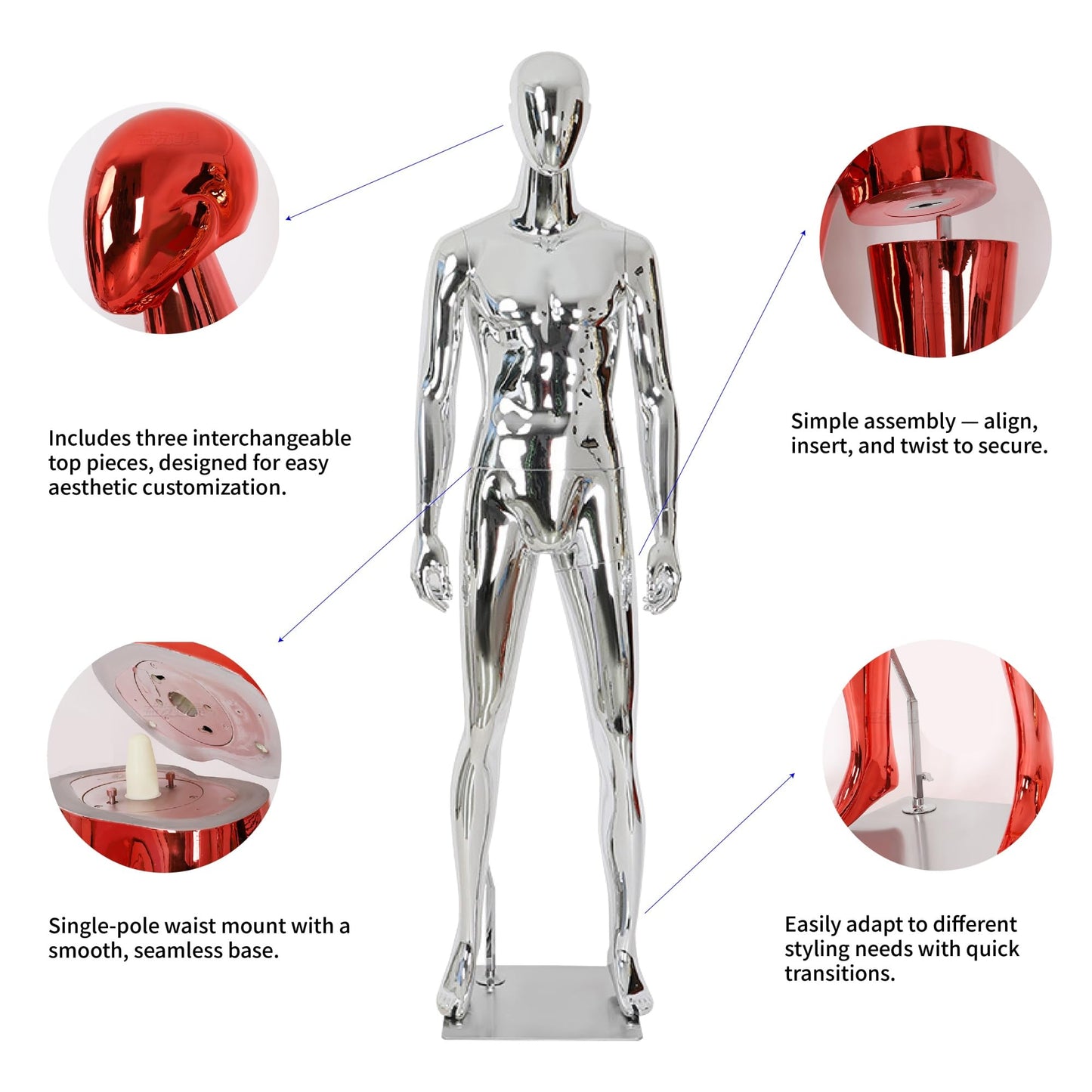Full Body Male Mannequin with Chrome Metallic Finish, Fiberglass Abstract Dress Form with Posable Head, Futuristic Retail Display Dummy with Metal Base for Men's Fashion Window(Chrome Green)