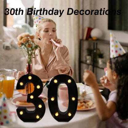 Led Light Up Numbers, 30th Birthday Decorations, Marquee Numbers Lights, Battery Powered Light Up Sign for 30 Decor Party (Black)