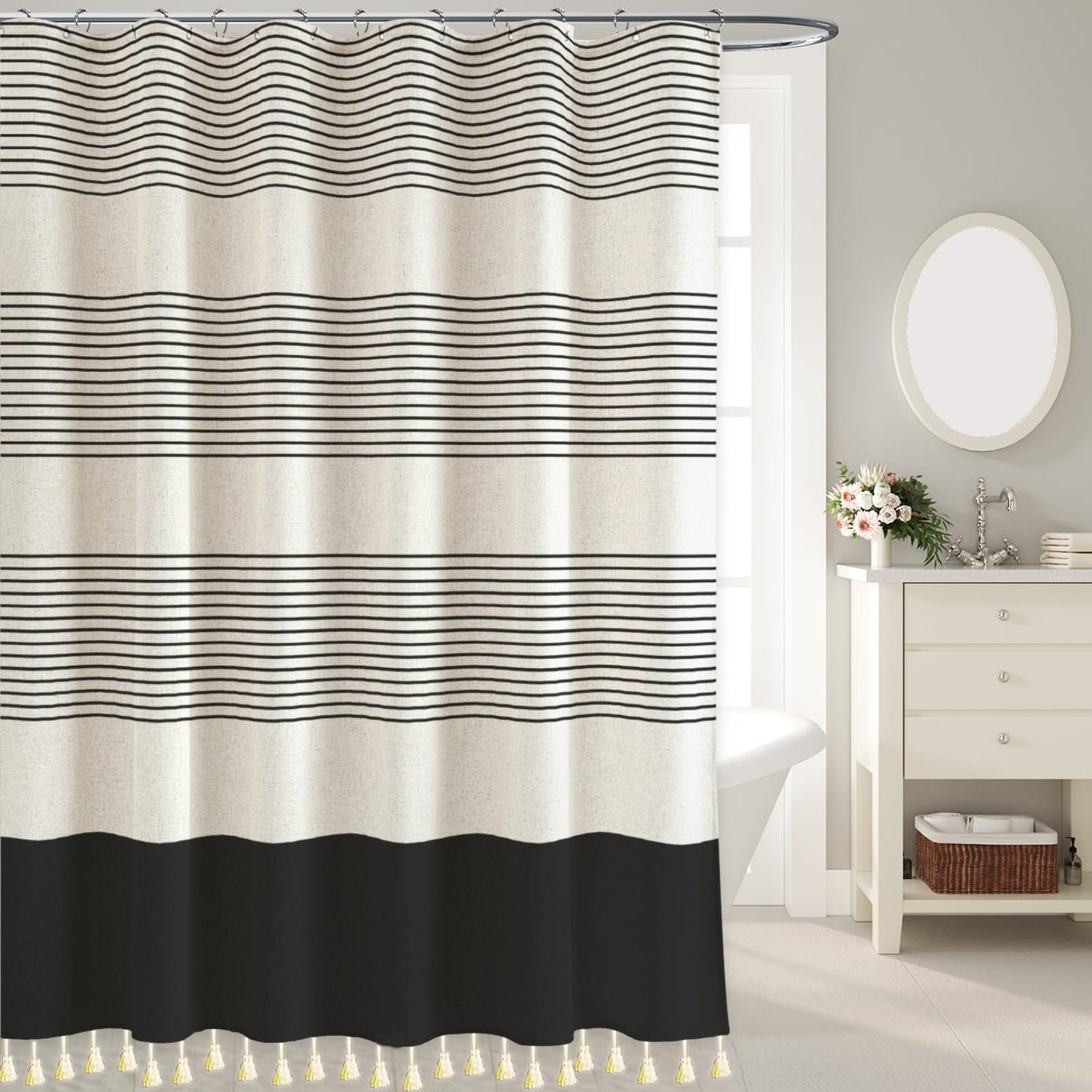 WOUVMA Boho Shower Curtains for Bathroom with Tassels Black Farmhouse Striped Shower Curtain Beige Rustic Linen 72x72 Inches