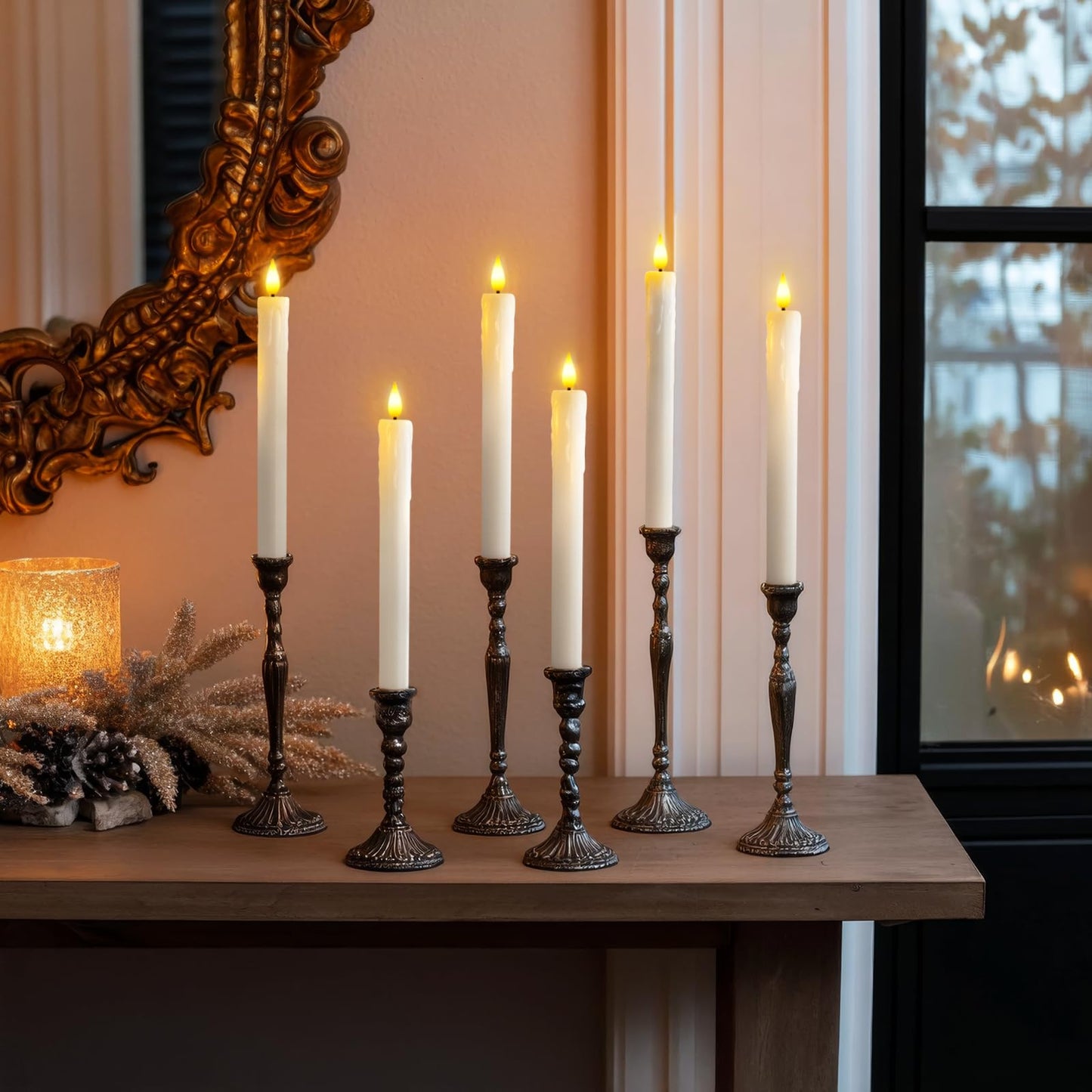 Homemory 3 Pcs Real Wax Flameless Taper Candles with Remote Timer and Dimmer, Battery Operated Candlesticks with Flickering Light, White Window Candles, 9.6 Inches for for Wedding Home Decor