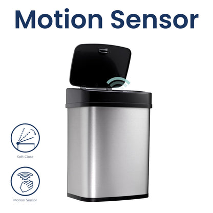 NINESTARS DZT-12-5 Bedroom or Bathroom Automatic Touchless Infrared Motion Sensor Trash Can, 3 Gal 12L, Stainless Steel Base (Rectangular, Black Lid)