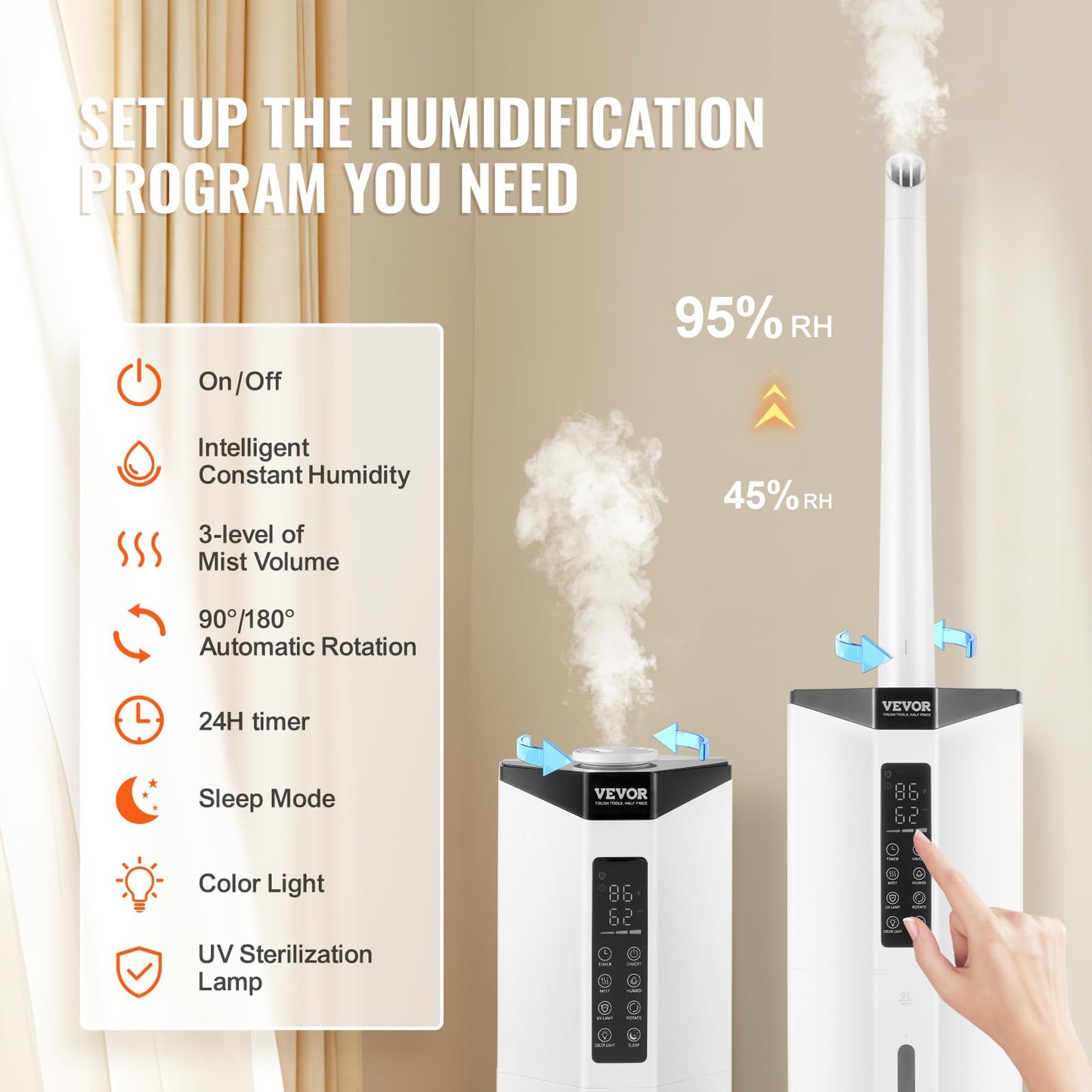 VEVOR Humidifier for Home Large Room, Commercial Humidifier for Whole House 1291.7 sq ft, 16L Water Tank & Night Light & 12h Timer & Auto Shut-Off, Greenhouse, Commercial Branch Tube w/ 360° Nozzle