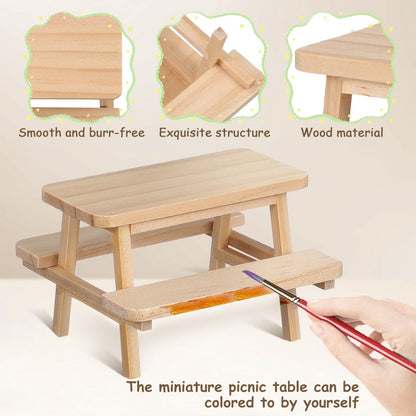 Garneck 1/12 Scale Miniature Dollhouse Picnic Table and Chairs Set: Wooden Tiny Dollhouse Furniture for DIY Micro Scenes Fairy Garden Decoration & Photography Prop