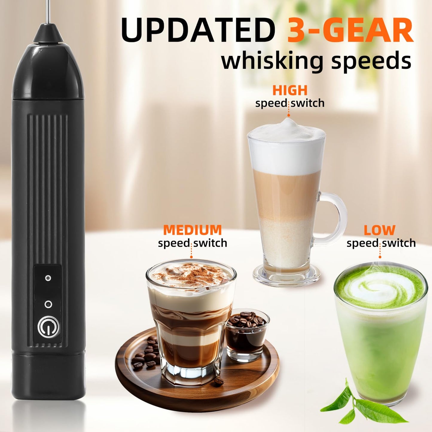 Rechargeable Milk Frother Handheld, 3 Speeds Electric Coffee Mixer Wand with Stainless Steel Whisk for Hot Chocolate, Eggs, Latte, Cappuccino (Black)