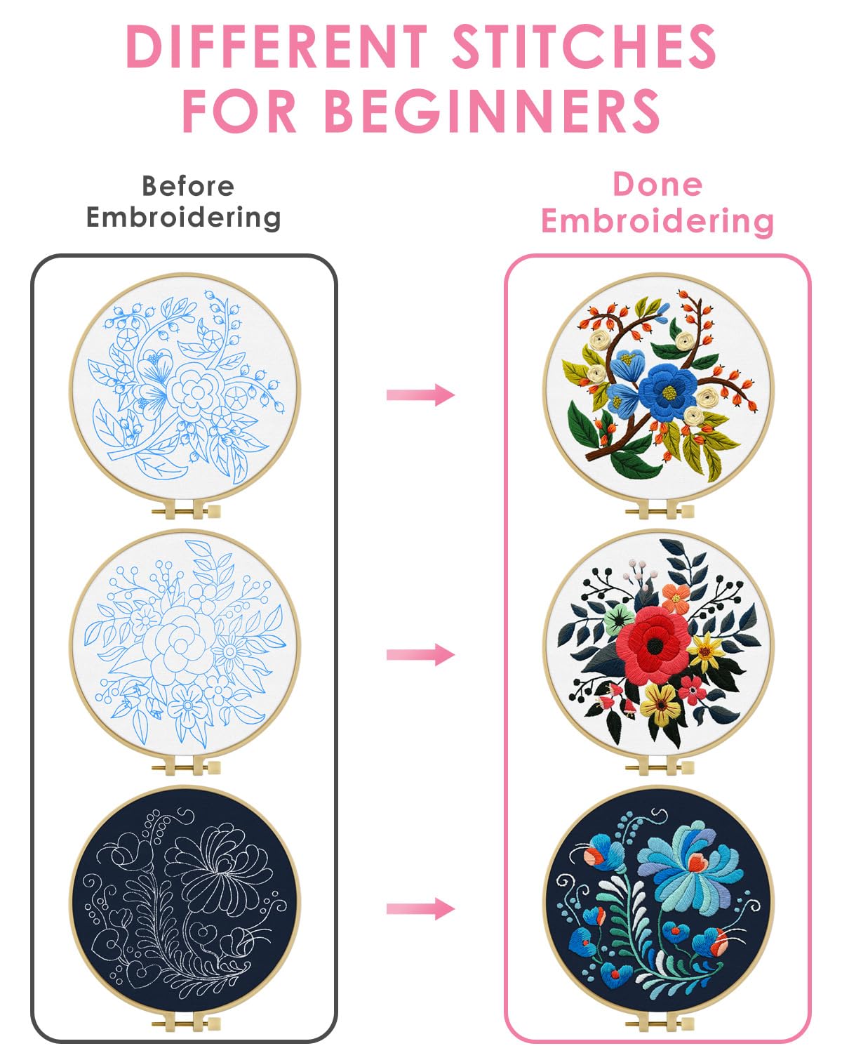 TINDTOP 3 Sets Embroidery Kit for Adults, Floral Embroidery Practice Kit for Beginners Include Embroidery Cloth Hoops Threads for Craft Lover Hand Stitch with Embroidery Skill Techniques