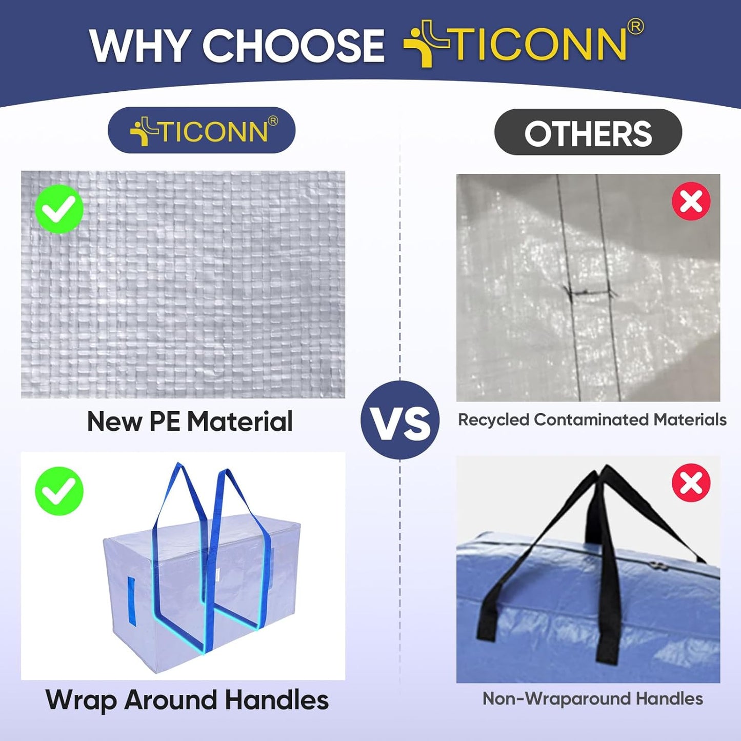 TICONN Extra Large Heavy-Duty Moving Bags - Durable Storage with Zippers & Handles | 6 Pack, Blue