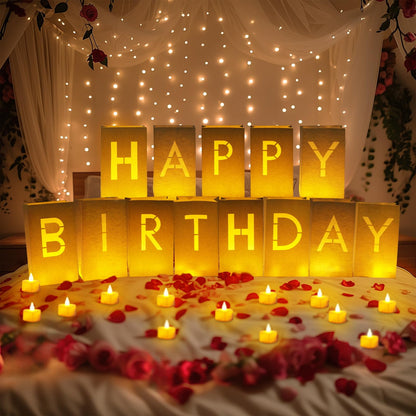Homemory Happy Birthday Light Up Letters Luminary Bags with Flameless Candles and 2000 Fake Rose Petals, Happy Birthday Banner Sign Party Decoration for Women Men