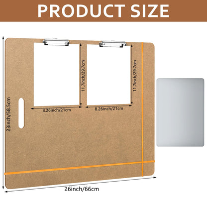 23" x 26" Drawing Board Large Sketch Board with Handle, Wooden Art Clipboard with 2 Sturdy Clips & Elastic Bands, Lightweight Artist Tote Board for Sketching, Drafting, Drawing & Painting