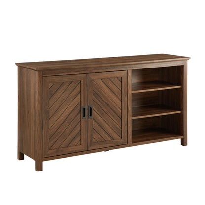 Walker Edison Modern Wood Grooved Buffet Sideboard with Open Storage Entryway Serving Storage Cabinet Doors Dining Room Console, 58 Inch, Dark Walnut