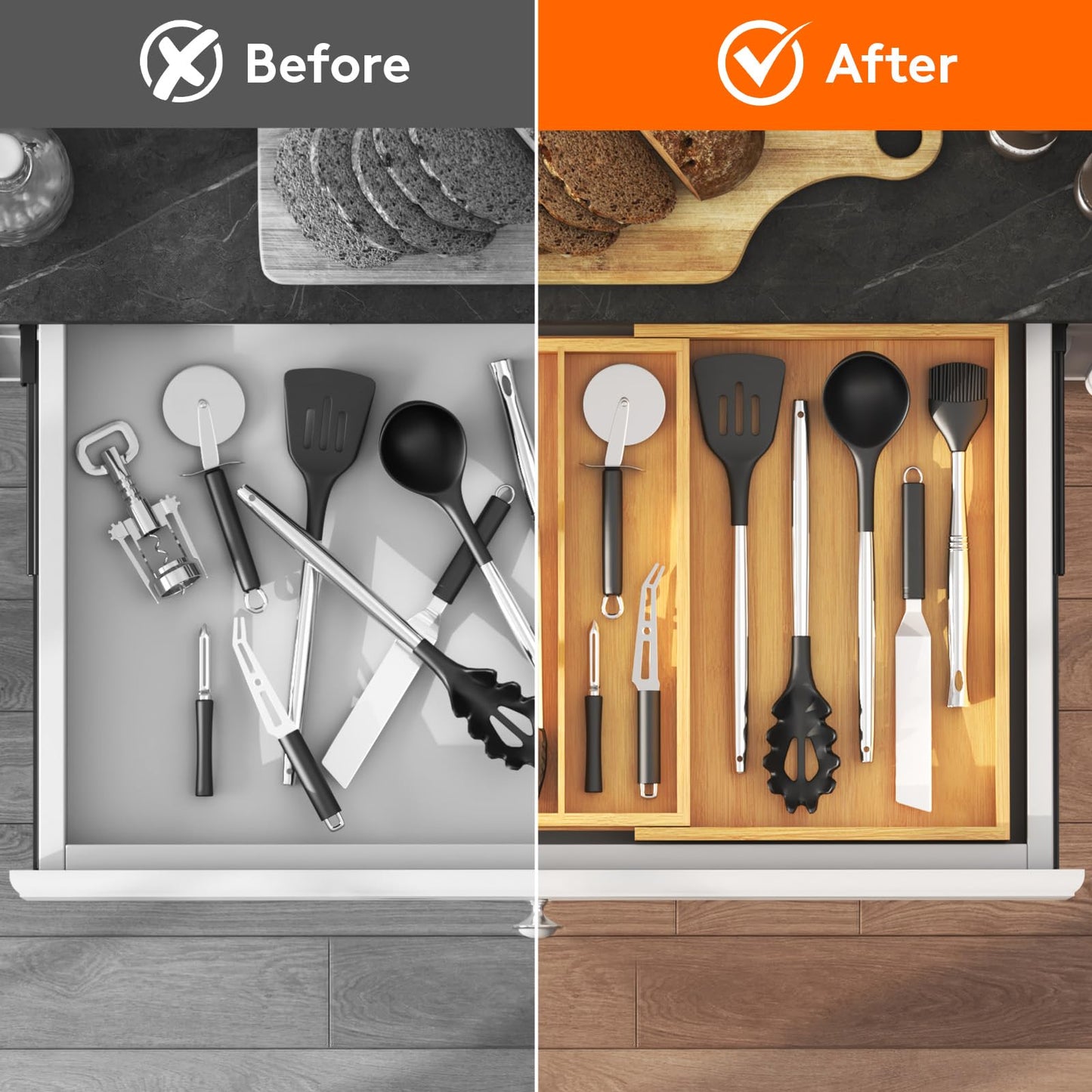 Lifewit Utensil Organizer for Kitchen Drawer, Expandable 13 to 22.4 Inches Wide, Adjustable Cooking Silverware Tray, Bamboo Cutlery Flatware Holder, Spatula Tools and Gadgets Storage Divider, Natural