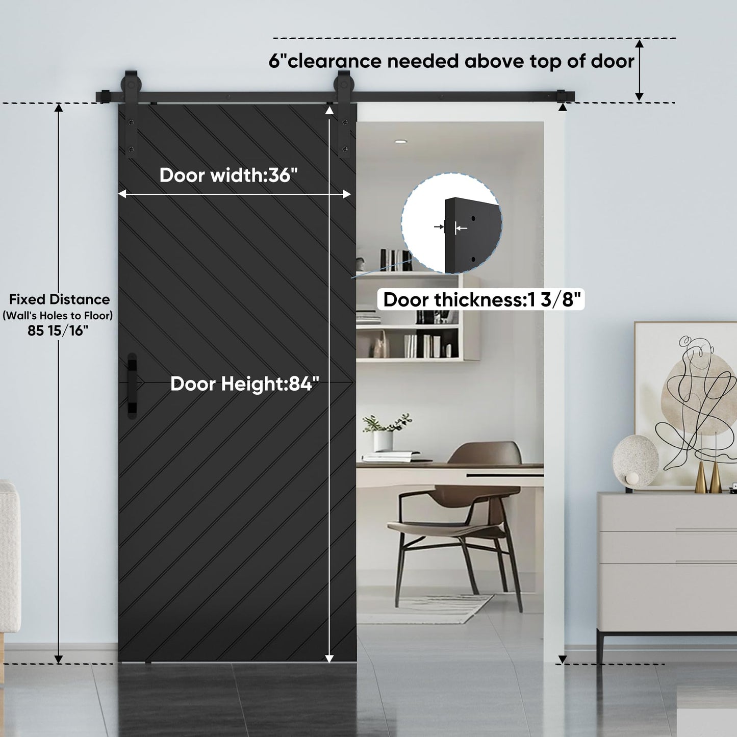 JUBEST 36 in. x 84 in. Sliding Barn Door Modern Door with 6FT Hardware Kit Icluded, Hollow-core Chevron Interior Doors with PVC Covered, Waterproof Surface, Easy to Install, Black