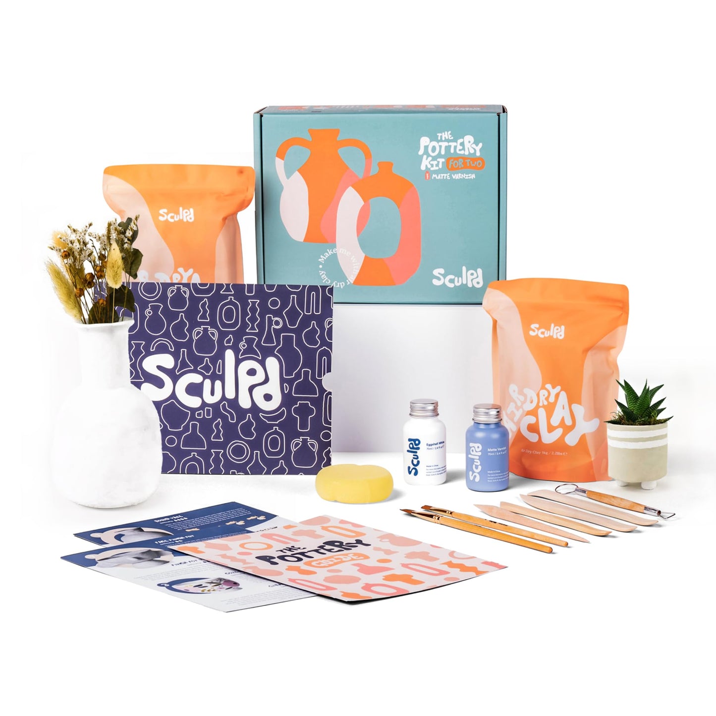 Sculpd - The Original Pottery Kit for Adults - Air Dry Clay for Adults, Tools, Varnish, Paints, Brushes, Couples Date Night Arts & Crafts Set, Gloss Varnish