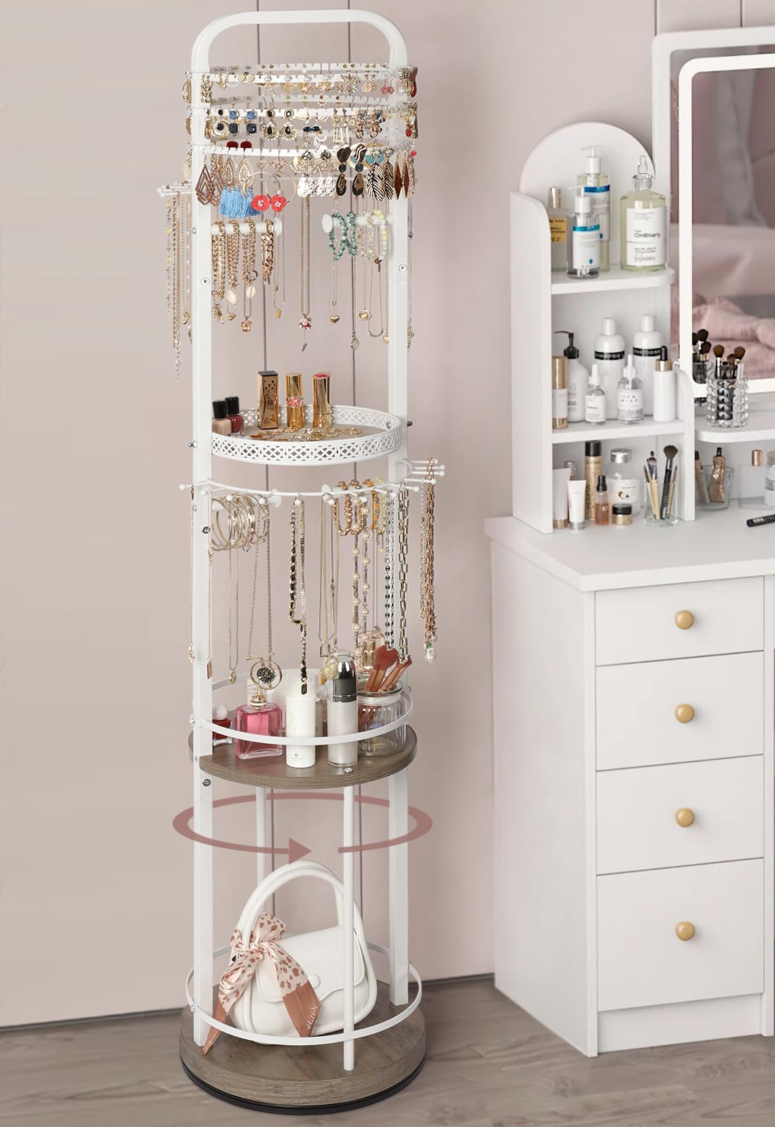 Jewelry Holder Organizer, Floor Jewelry Organizer with Earring Organizer Necklace Holder, Rotating Jewelry Stand Necklace Display Earring Storage, Large Hanging Jewelry Tree for Jewlery Bracelet Ring