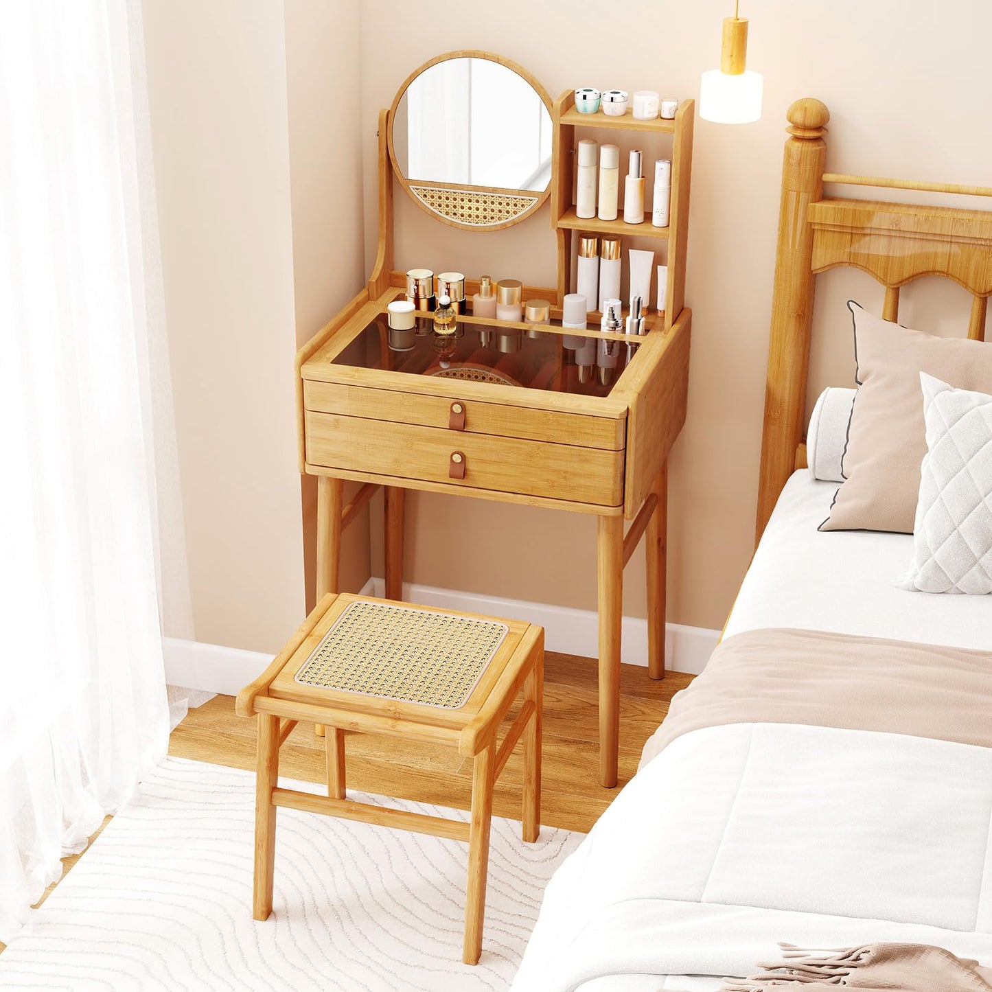 CHEFJOY Boho Vanity Desk with Mirror, Bamboo Makeup Vanity Table & Stool Set w/ 2 Storage Drawers, Hutch Shelves & Tempered Glass Table Top, Small Dressing Table Set for Bedroom