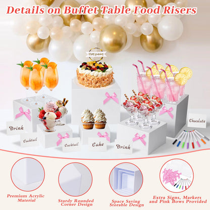 Hokimder 6 Pcs Acrylic Buffet Risers with Mini Signs and Makers, White Food Risers with Bowknot and Hollow Bottoms, Food Display Stands for Party, Dessert, Jewelry & Collectibles (8",7",6",5",4",4")