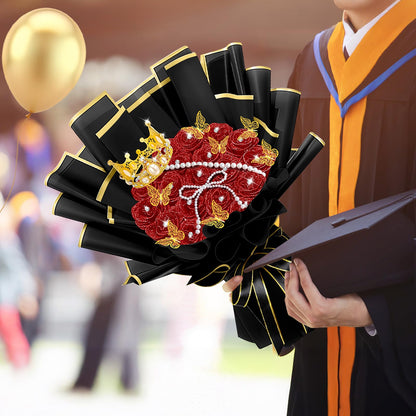 Daifunli 196 Pcs Graduation Gifts DIY Glitter Roses Bouquet Kit Artificial Flower Bouquet Kit Grad Birthday Gifts Flower Wrapping Paper 3D Butterflies Crowns for Grad Wedding Anniversary(Red)