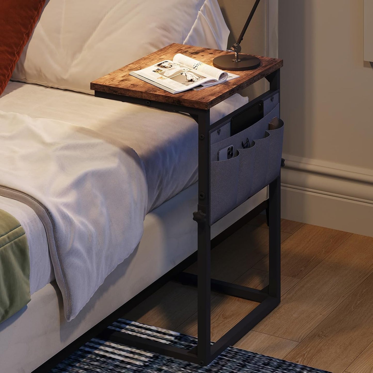 BF77SF01 HOOBRO C Shaped End Table, Adjustable Height Side Table for Sofa, Couch Side Table for Small Spaces, Slide