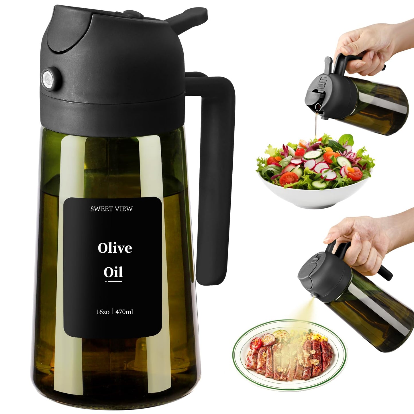 Olive Oil Dispenser and Oil Sprayer – 16oz/470ml Glass Light-Proof Oil Pourer for Kitchen, Air Fryer, Cooking, Salad, and BBQ