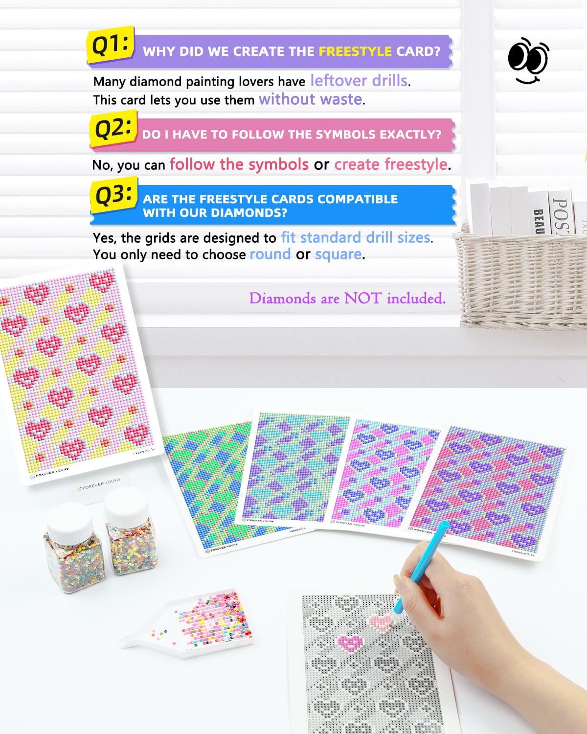 forever young 24 Designs Diamond Freestyle Cards for Beads, 5x7 Blank Diamond Art Cards with Glue for Round Dots for Adults, Postcard-Style Diamond Painting Accessories (No Drills)