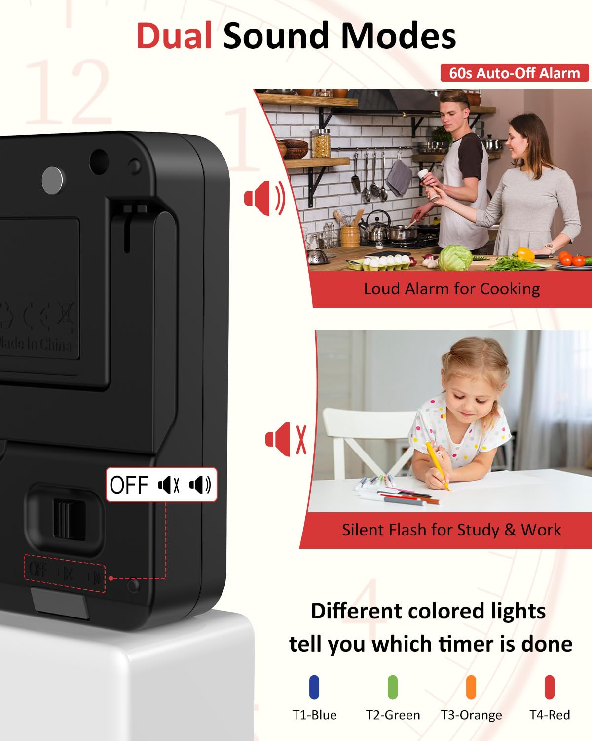 Digital Kitchen Timer for Cooking - 4 Channel Count Up Countdown Timer with Loud Alarm and Silent Mode, Large Display, Magnetic Back, Auto Memory for Classroom Study Gym, Battery Included (Black)