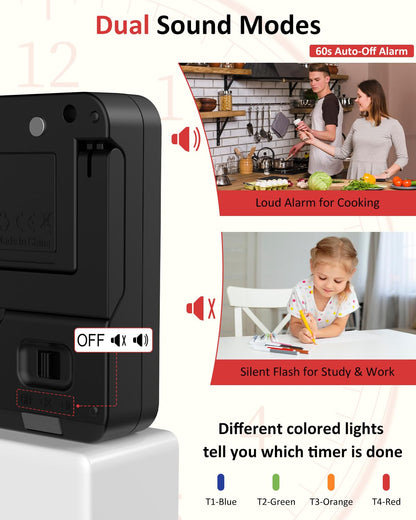 Digital Kitchen Timer for Cooking - 4 Channel Count Up Countdown Timer with Loud Alarm and Silent Mode, Large Display, Magnetic Back, Auto Memory for Classroom Study Gym, Battery Included (Black)
