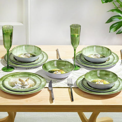 Skiennix 12-Piece Melamine Dinnerware Set - Lightweight Shatterproof Plates & Bowls for 4 | Green Bunny Design, Ideal for Picnics & Outdoor Parties