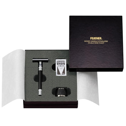 Feather - Wood Handle Stainless Double Edge Razor with Wood Inlay Stainless Steel Stand - With Resin-Impregnated Handle & Stand - Includes 5 Hi-Stainless Blades - Made in Japan