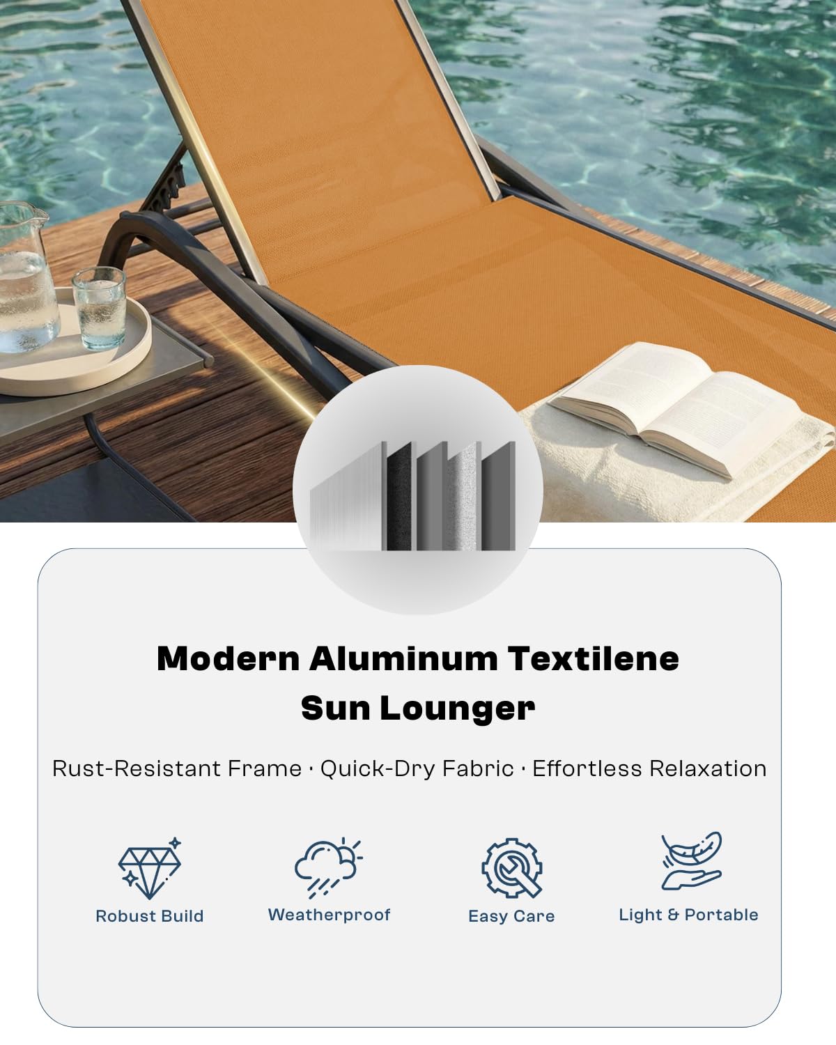 Patio Kingdom 3-Piece Patio Chaise Lounge Set with Side Table, Set of 2 Adjustable Pool Chairs and Aluminum Bistro Table, All-Weather Outdoor Furniture for Pool Deck, Patio & Tanning, Solar Orange