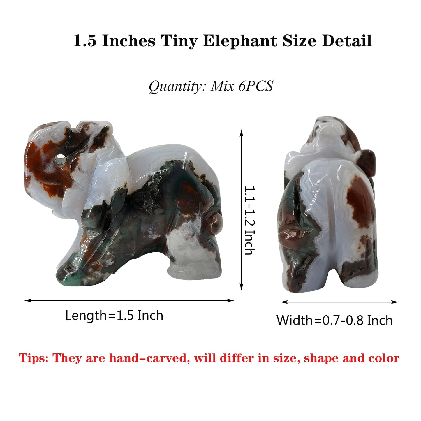 Wemeki Gemstone Elephant Figurines Mix 6PCS, Hand Carved Elephant Statue Healing Crystal Guardian Stones Figurines Statues Reiki Animal Stone for Home Decorations 1.5''