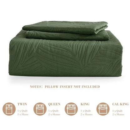 Exclusivo Mezcla King Size Quilt Bedding Set, Lightweight Olive Green Quilts King Size for All Seasons, Soft Microfiber Bedspreads Coverlets Bed Cover with Leaf Pattern, 3 Piece
