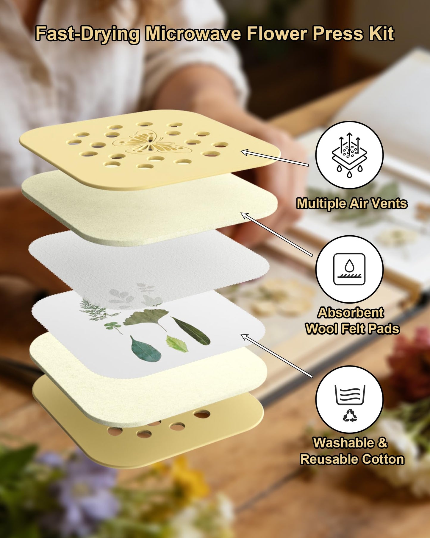 NEIGIKI Microwave Flower Press Kit, 9" Fast-Drying Flower Pressing Kit with Reusable & Washable Cloth, Vibrant Color Retention for Crafts Pressed Flowers, DIY Arts, Great Gifts for Adults & Kids