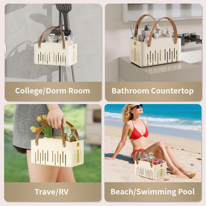 Portable Shower Caddy,Foldable Shower Caddy with Handle and Adjustable Divider,Plastic Shower Storage Basket,Quick Dry Bathroom Shower Organizer Bin for College,Dorm Room,Travel Essentials(Cream)