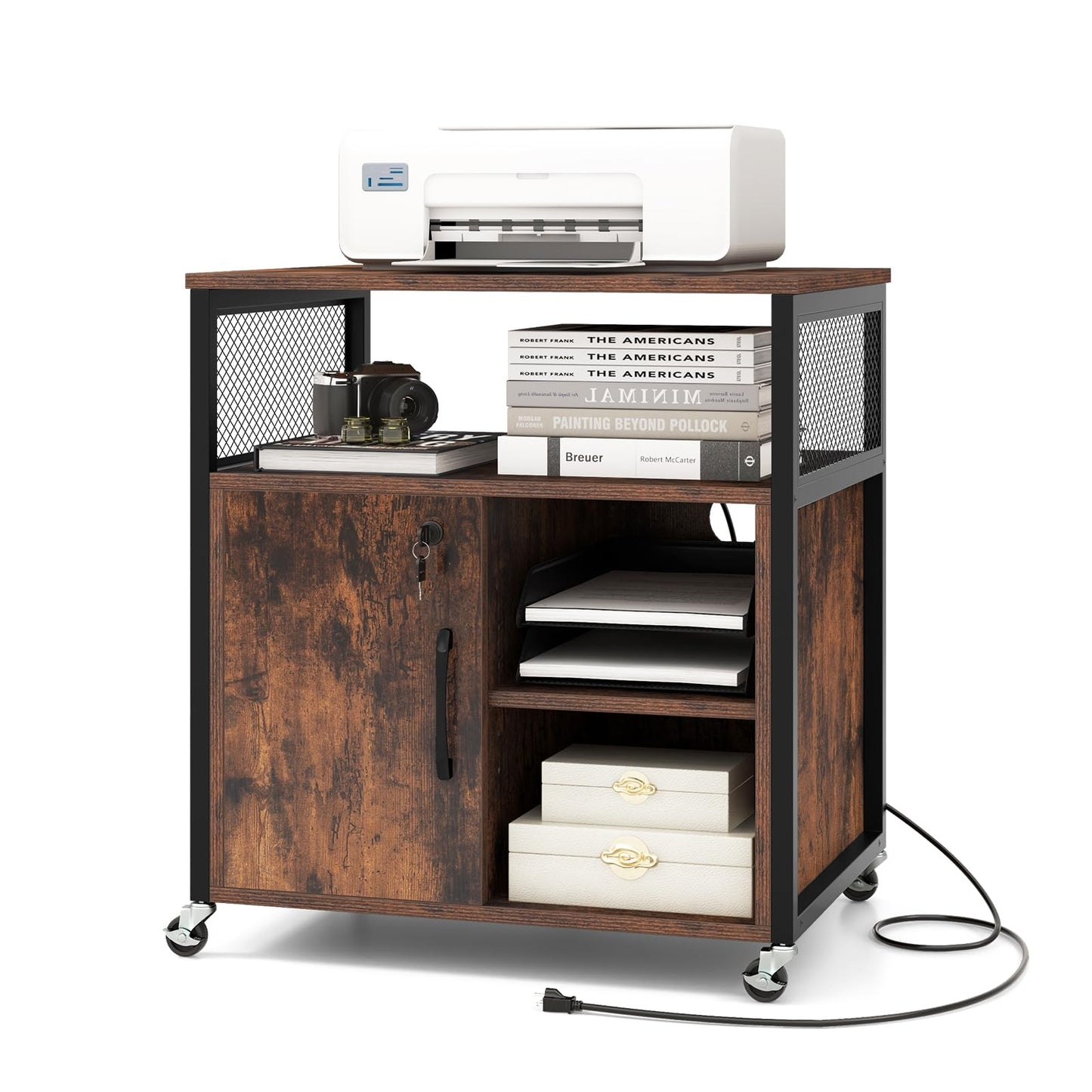 Giantex File Cabinet, Lateral Filing Cabinet with Lock, Wheels, Charging Station, Cable Hole, Lockable Side Cabinet, Adjustable Shelves, Metal Frame, Printer Stand for Home Office Small Space (Brown)