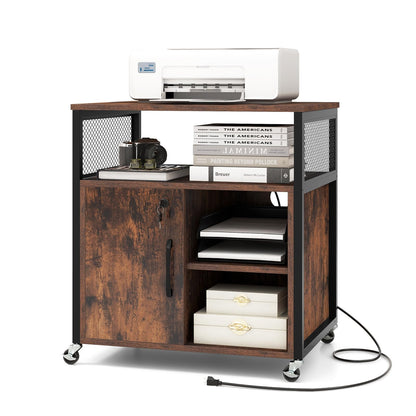 Giantex File Cabinet, Lateral Filing Cabinet with Lock, Wheels, Charging Station, Cable Hole, Lockable Side Cabinet, Adjustable Shelves, Metal Frame, Printer Stand for Home Office Small Space (Brown)