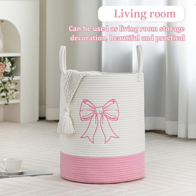 Honeydak 15'' x 18'' Pink Bow Cotton Rope Laundry Basket Hamper Large Laundry Basket Hamper Coquette Bow Room Decor Girls Girly Nursery Storage Bin Tall Round Organizer Blanket Toys Clothes(Bowknot)