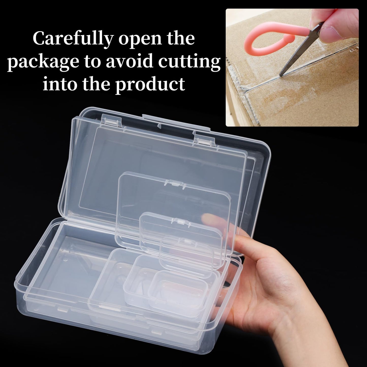 QUEFE 28 Pack Small Storage Containers Mixed Sizes Clear Plastic Boxes Craft Organizers Rectangular Bins with Lids for Small Items Bead Art Craft Jewelry Projects