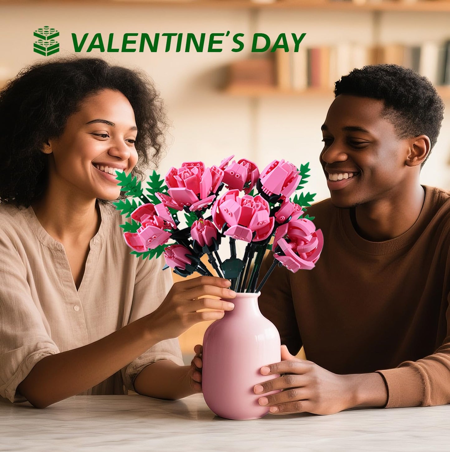 Pink Rose Flower Building Set-10pcs Roses & 2pcs Leaves Botanical Collection, Artificial Flowers for Home Décor, Rose Bouquet Building Kit for Valentine’s Day Christmas Birthday Anniversary (No Vase)