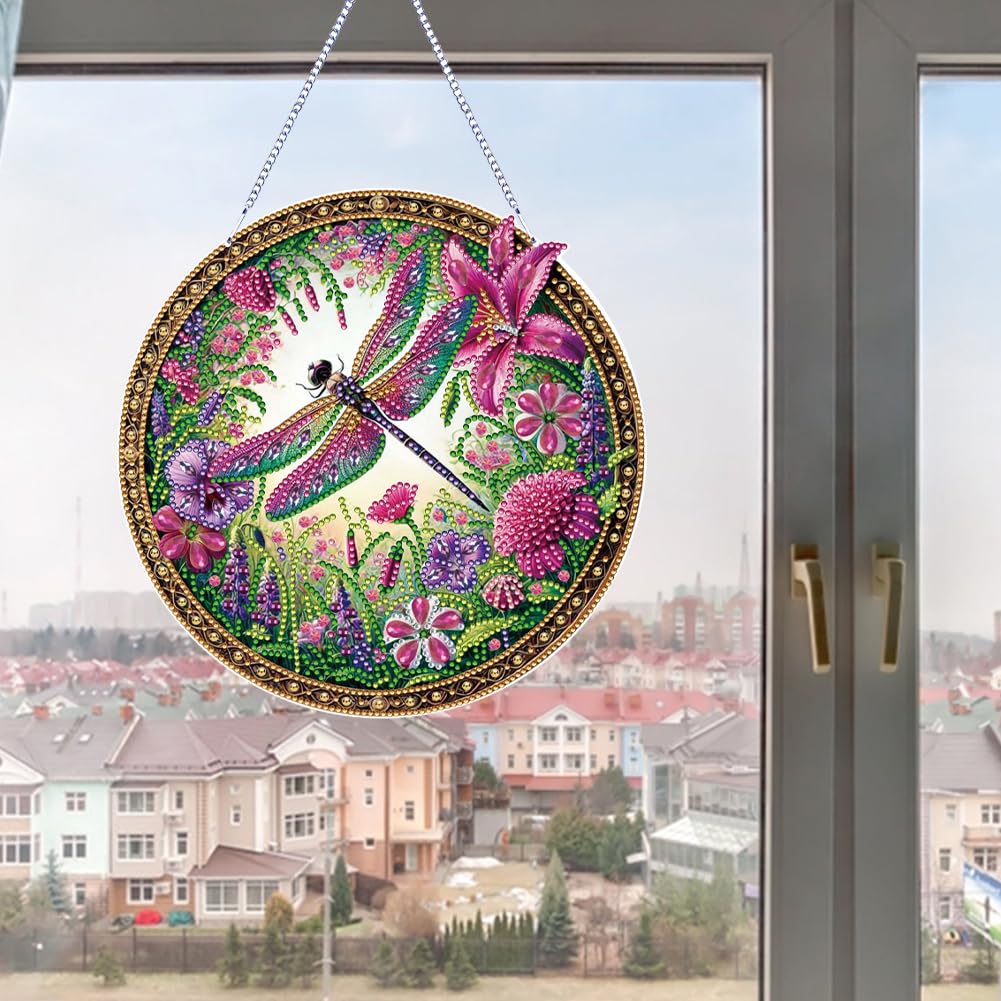 C'eitura DIY Flower Dragonfly Diamond Art Round Shape Hanging Pendant Kits for Home Decor, Unique Gift for Women & Teens