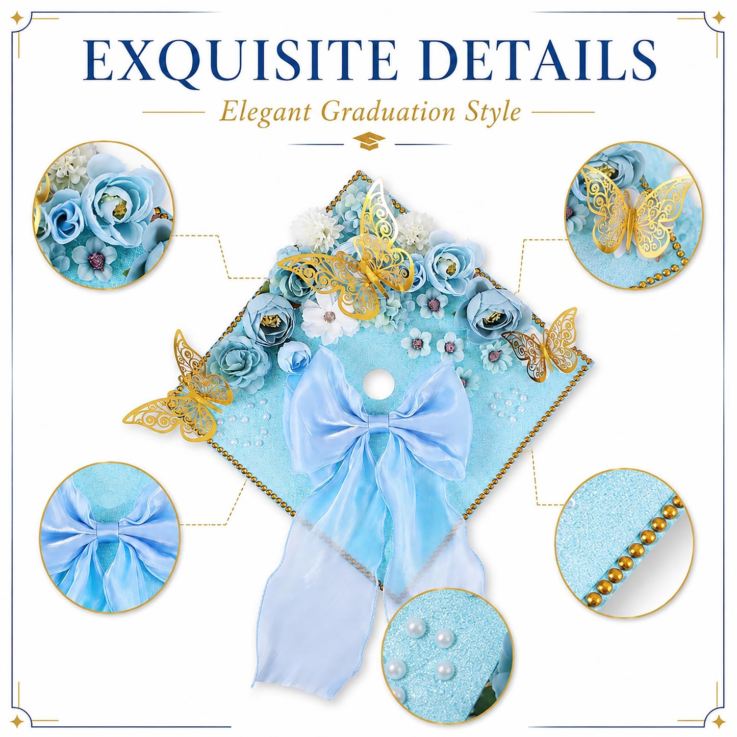 45 PCS DIY Graduation Cap Decoration Kit - 8 Cream Construction Paper with Artificial Flower Heads Bow 3D Butterfly Pearl Adhesive Dots Rhinestone Stickers for Grad Hat Topper DIY (Light Blue)