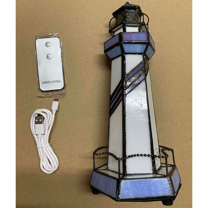 Bieye L10776 Lighthouse Tiffany Style Stained Glass Accent Table Lamp Night Light for Home Decoration (5x5x11, Blue)