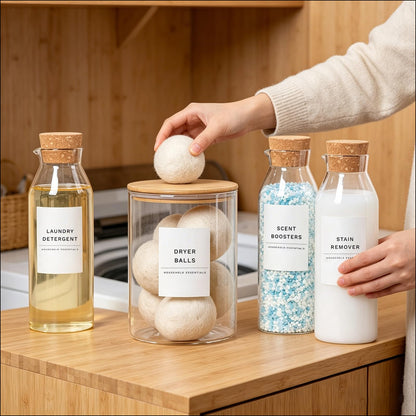 Glass Laundry Detergent Dispenser Set with Cork Lids, Fabric Softener Dispenser, Easy Pour 3 Pack Laundry Bottles, Liquid Detergent Containers, Scent Booster & Bleach Container for Laundry Room