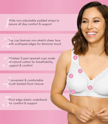 Exquisite Form 5100531 Women's Fully Wireless Cotton Back & Posture Support Bra with Front Closure & Lace White