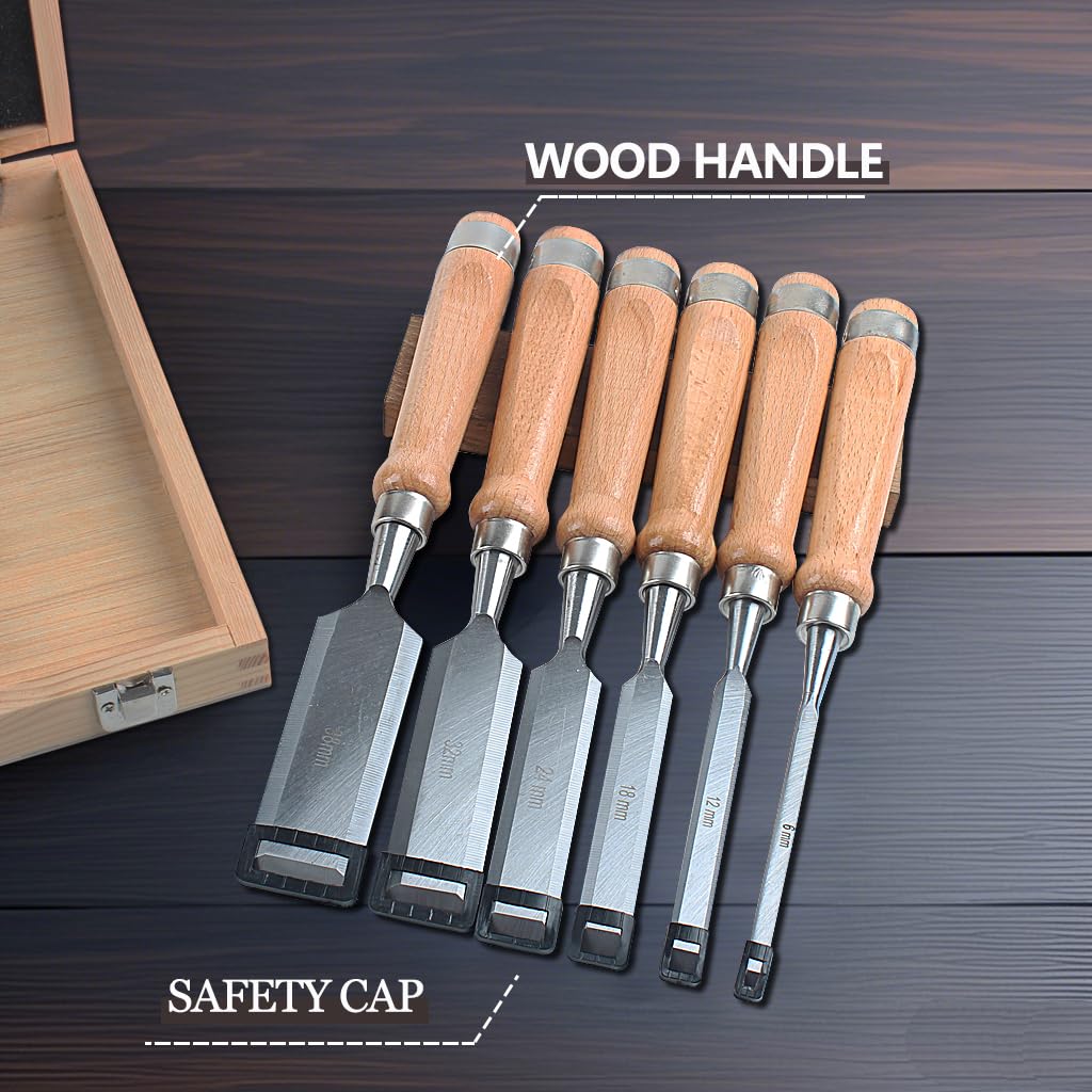 HODYANN 8 Pieces Wood Chisel Tool Sets, 11.4in Woodworking Carving Chisel Kit with Honing Guide, Sharpening Stone and Wooden Case