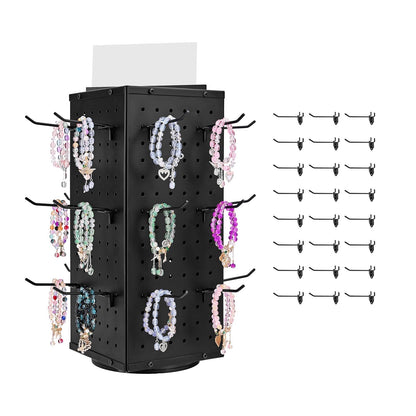 VEVOR Rotating Pegboard Display Stand, 7.4 x 7.4 x 17 in 4-Sided Spinning Peg Board Display with 24 Hooks, Thickened Cold-Rolled Steel Craft Rack Organizer for Grocery Retail Store Jewelry Shop, Black