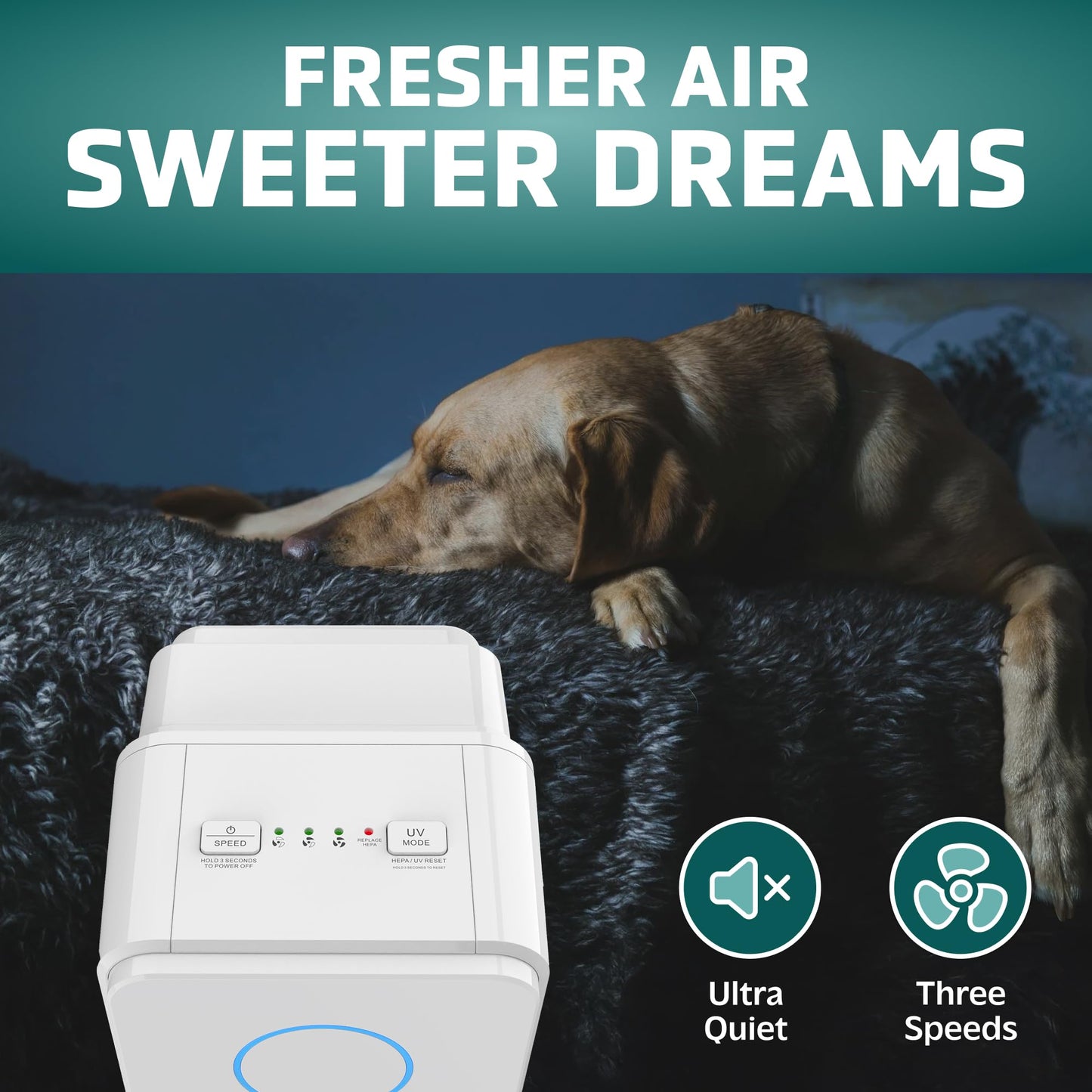 GermGuardian 5-In-1 HEPA Air Purifier for Home, Pet Air Purifier with HEPA Air Filter & UV-C Light, AC4300BPTCA, 743 Sq. Ft., 22'' Tower, Black