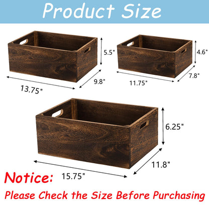 Frcctre Set of 3 Wood Nesting Storage Crates with Handles, Decorative Farmhouse Wooden Crates Storage Containers Rustic Handmade Natural Solid Wood Basket