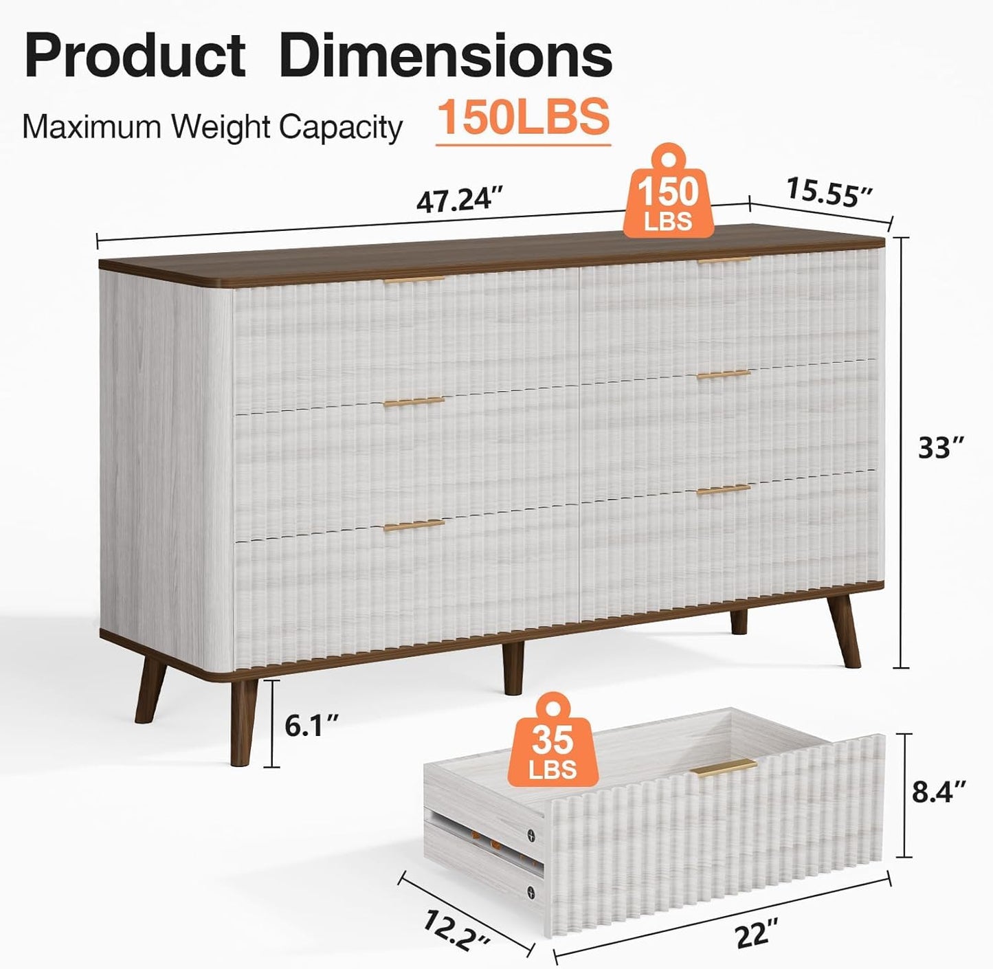 Mapleyard Fluted 6 Drawers Dresser, 47" Wide Wooden Chest of Drawers, Modern Mid Century Storage Closet Long Large Dresser for Bedroom, Living Room,Hallway, Entryway, Nursery Room, Beige + Walnut