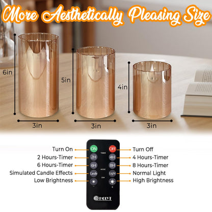LEDHOLYT Rechargeable Flameless Candle, Flashing LED Pillar Real Wax Candle with Remote Control and Timer, Gold Stripes Glass Electronic Candles for Room Decoration, 1 Set of 3