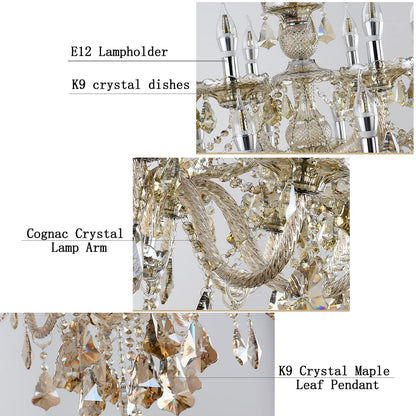 Durahonn Modern Elegant K9 Crystal Chandelier 8 Lights, Cognac Crystal Ceiling Pendant Light Fixture Candle Style E12 Base for Living Room Bedroom Hallway (8 Lights)