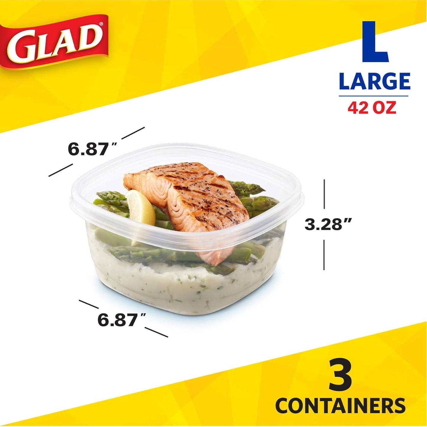 Glad GladWare Tall Entrée Food Storage Containers, Large Square Hold up to 42 Ounces, 3 Count Strong Food Holders